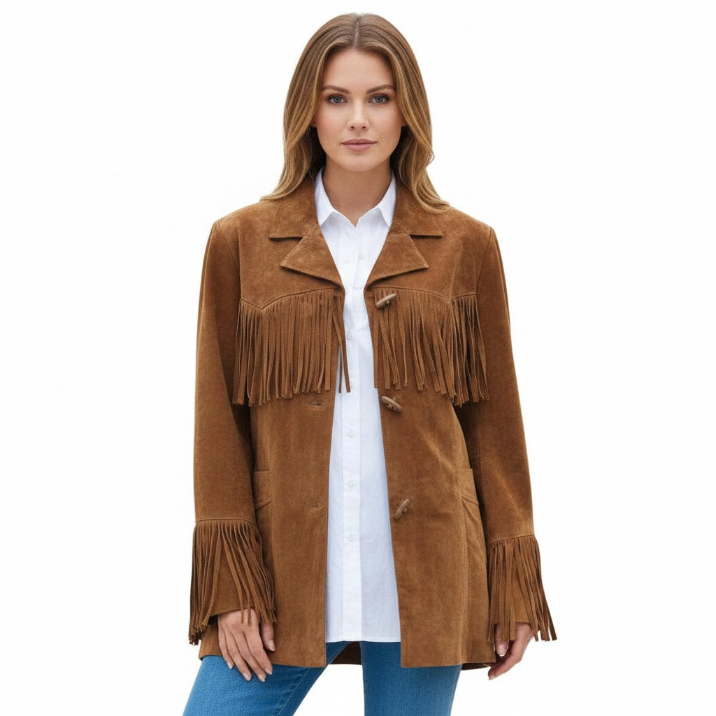 Woman wearing a brown suede jacket with fringes on a white background