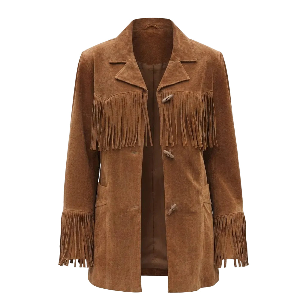 A brown suede fringe jacket with a notched lapel collar and toggle closures, displayed on a clean white background.