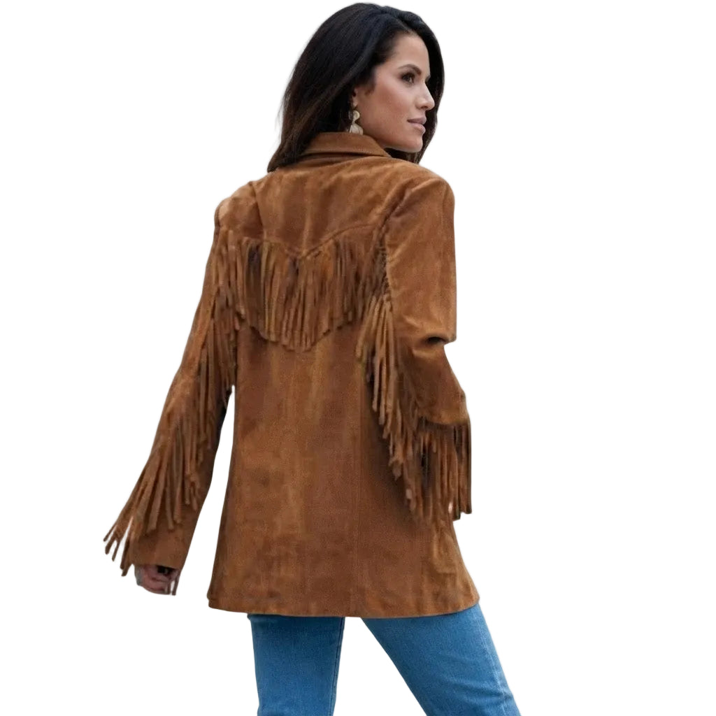 A woman wearing a brown suede fringe jacket, shown from the back and side against a plain white background.
