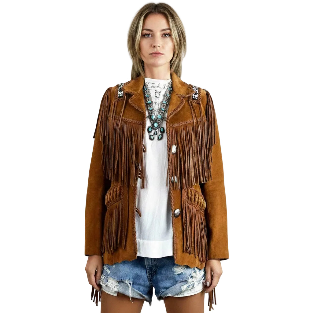 Woman wearing a brown fringed jacket on a white background