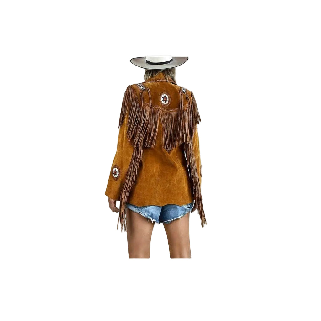 Person wearing a brown fringed jacket and denim shorts on a white background