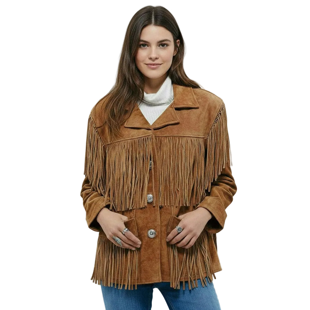 Woman wearing a brown suede jacket with fringes on a white background