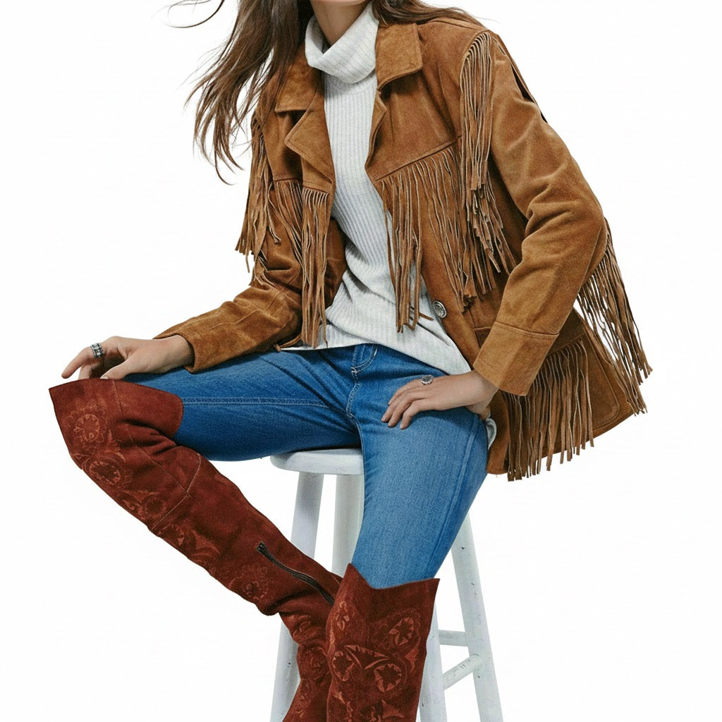 Person wearing a brown suede fringe jacket and red knee-high boots on a white background