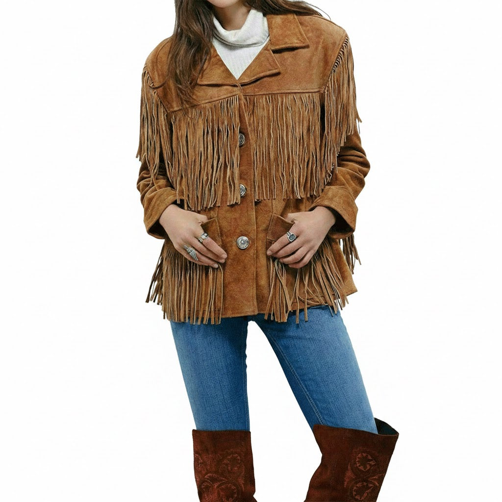 Brown suede fringe jacket worn by a person on a white background