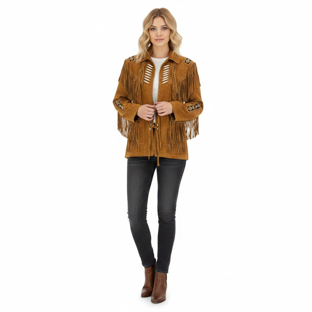 Woman wearing a brown suede jacket with fringe details on a white background