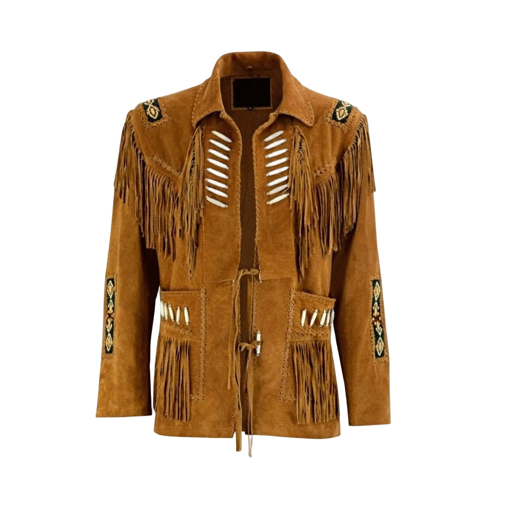 A brown suede fringe jacket with decorative cutouts, beadwork, and a drawstring waist, shown against a plain white background.