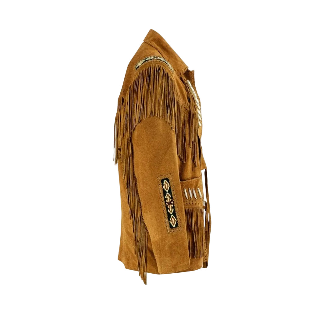 A brown suede fringe jacket shown from the side against a plain white background