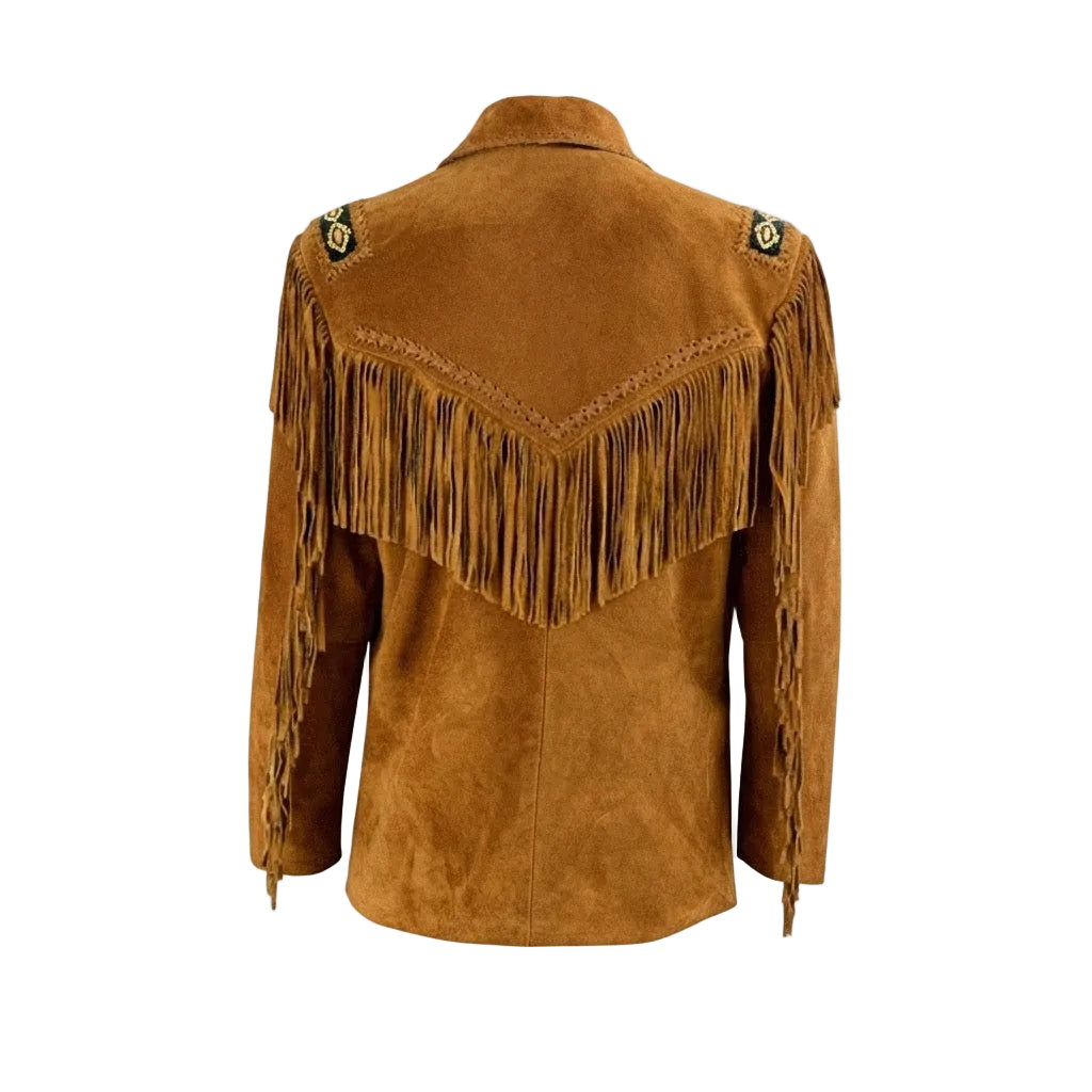 A brown suede fringe jacket shown from the back, fringe on the sleeves, and decorative embroidered details on the shoulders, set against a plain white background.