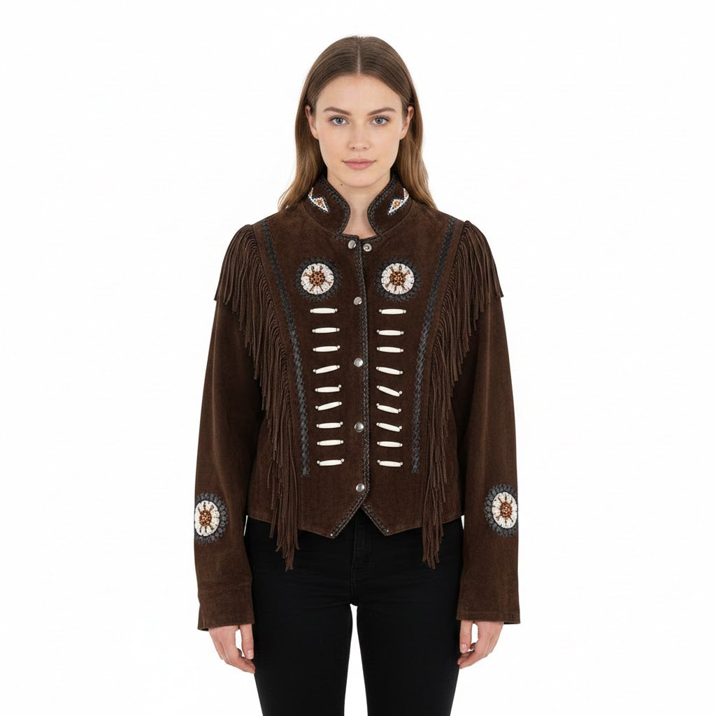 Woman wearing a brown fringed jacket with decorative elements on a white background