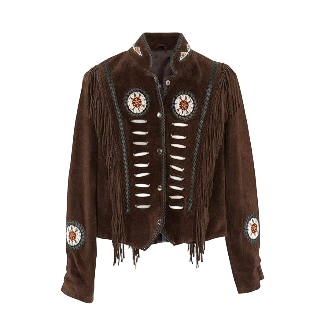 A brown suede fringe jacket with intricate beadwork and embroidery on the front and sleeves, displayed against a plain white background.