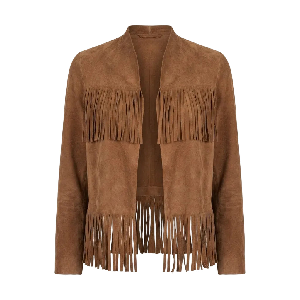 A brown suede fringe jacket with fringe detailing across the chest and hem, displayed on a clean white background.