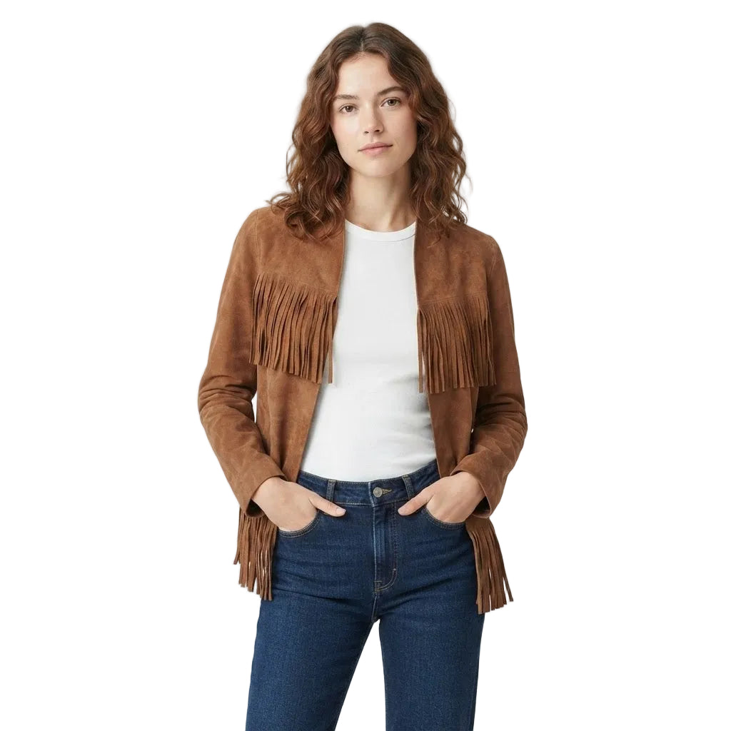 A woman modeling a brown suede fringe jacket over a white top and blue jeans, photographed against a white background.