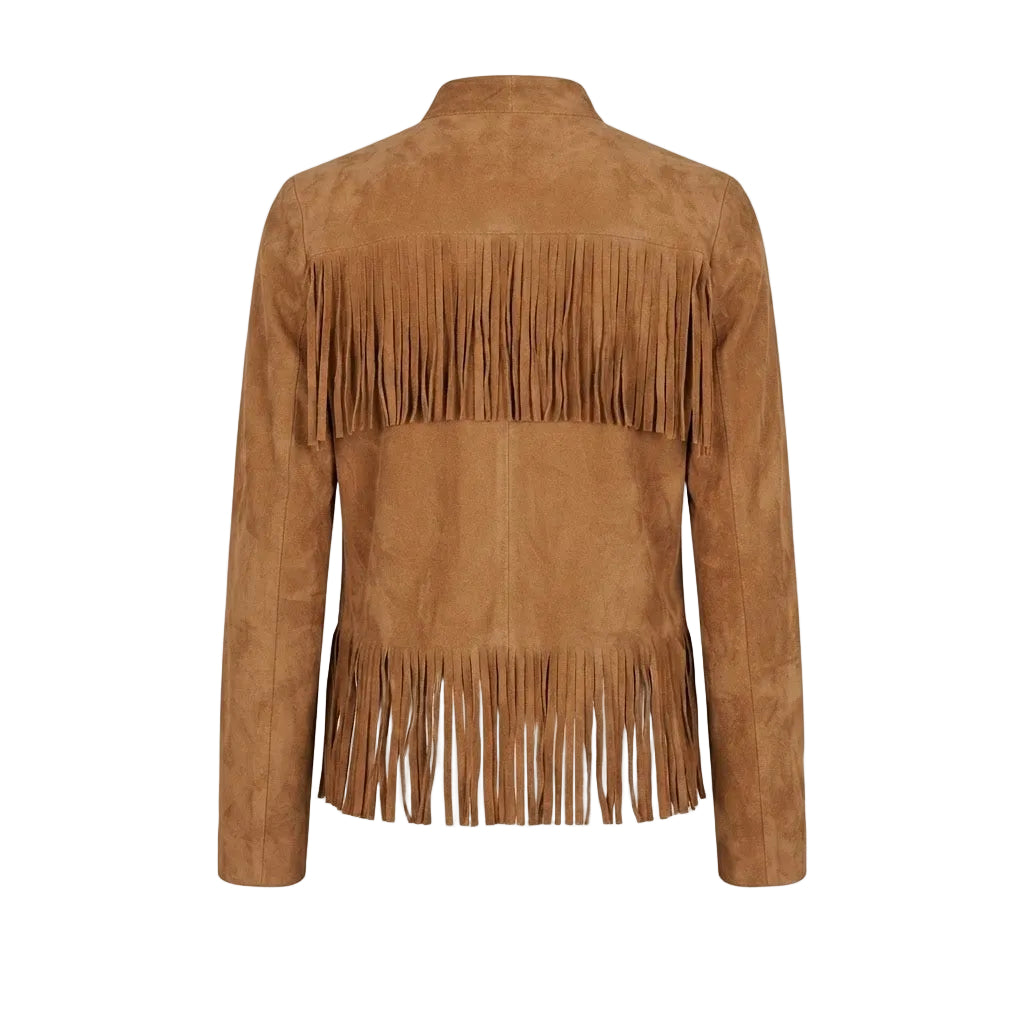 A brown suede fringe jacket shown from the back, featuring a high collar, long sleeves, and a wide band of fringe across the upper back with a longer fringe trim at the hem, set against a plain white background.