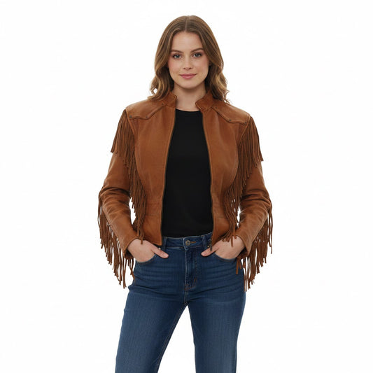 Woman wearing a brown fringed jacket on a white background