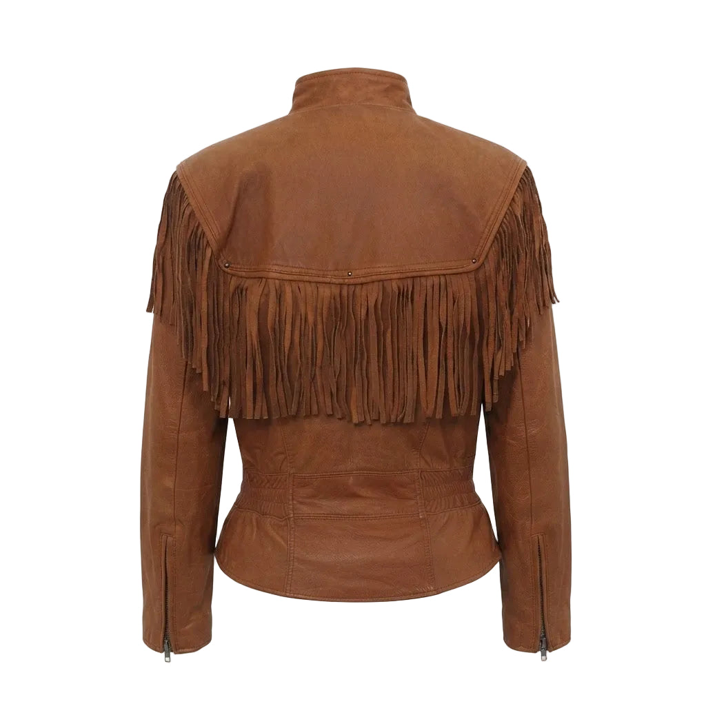 A brown faux-leather fringe jacket shown from the back, featuring a high collar, long sleeves, and a prominent fringe trim across the upper back.