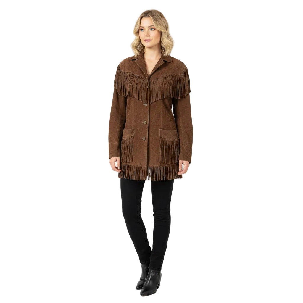 Brown leather fringe jacket wear a model on a white background