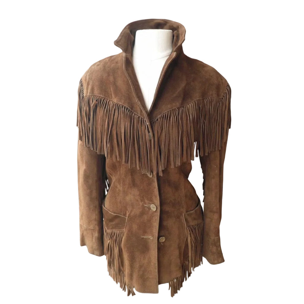 Brown suede jacket with fringes on a mannequin against a white background