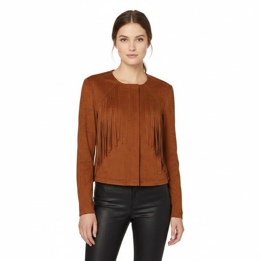 Brown leather fringe jacket wear a model on a white background