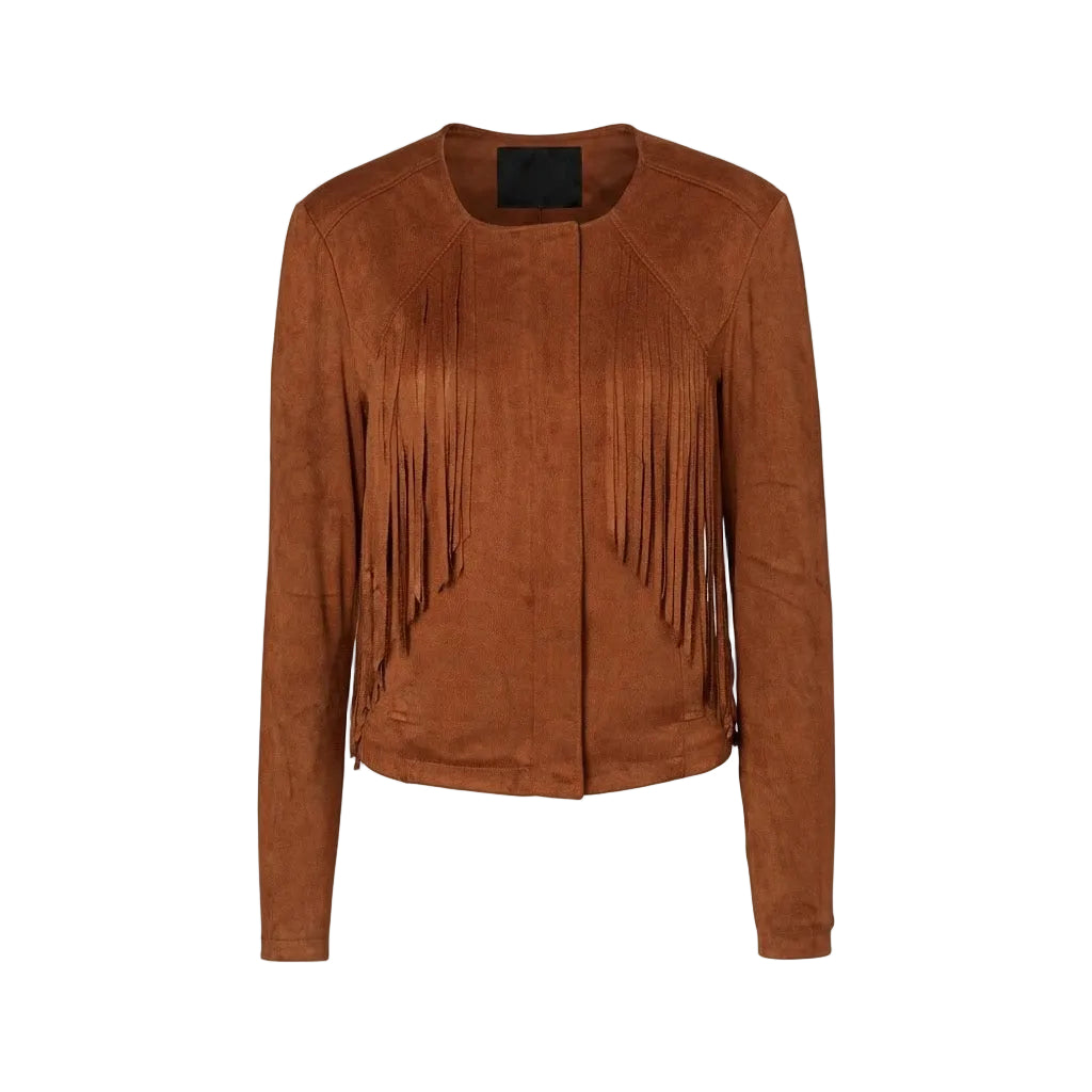 A cropped brown suede fringe jacket with long sleeves and a round neckline, shown against a plain white background.