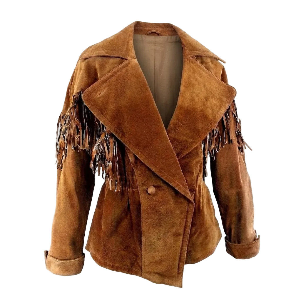 A brown suede fringe jacket with a wide lapel collar and front button, displayed on a white background.