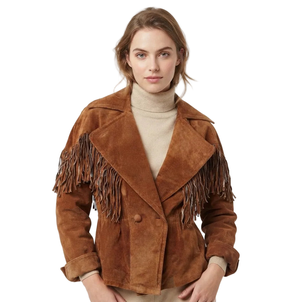 A woman wearing a brown suede fringe jacket over a beige turtleneck sweater, photographed against a plain white studio background.