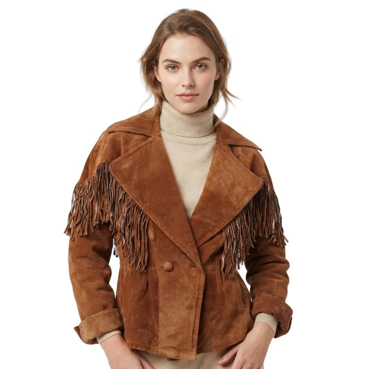A woman wearing a brown suede fringe jacket over a beige turtleneck sweater, photographed against a plain white studio background.
