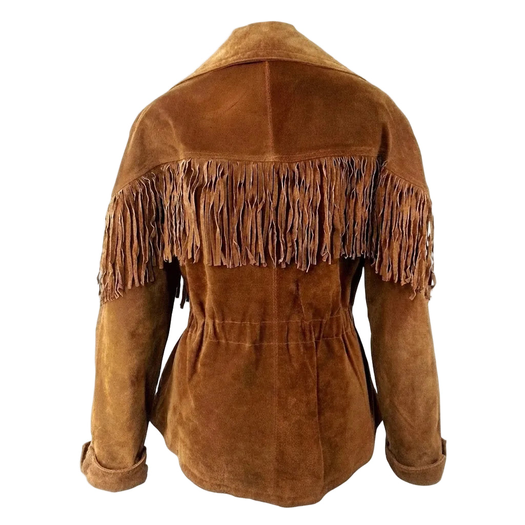 A brown suede fringe jacket shown from the back, featuring a wide collar, long sleeves with rolled cuffs, and a fringed back panel.