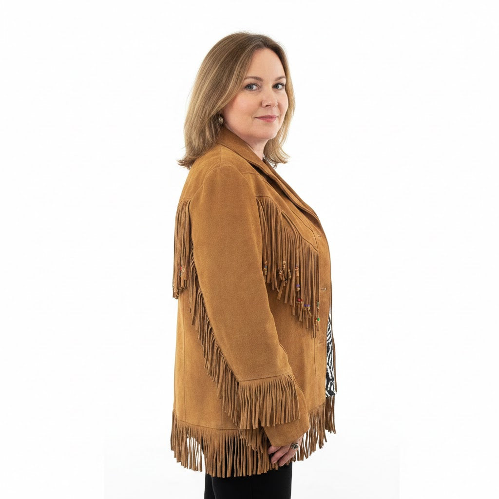 Brown leather fringe jacket wear a model on a white background
