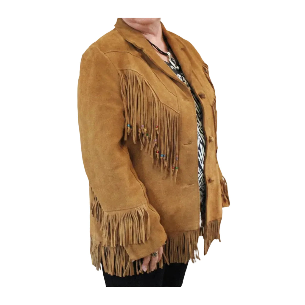 Brown suede jacket with fringes on a white background