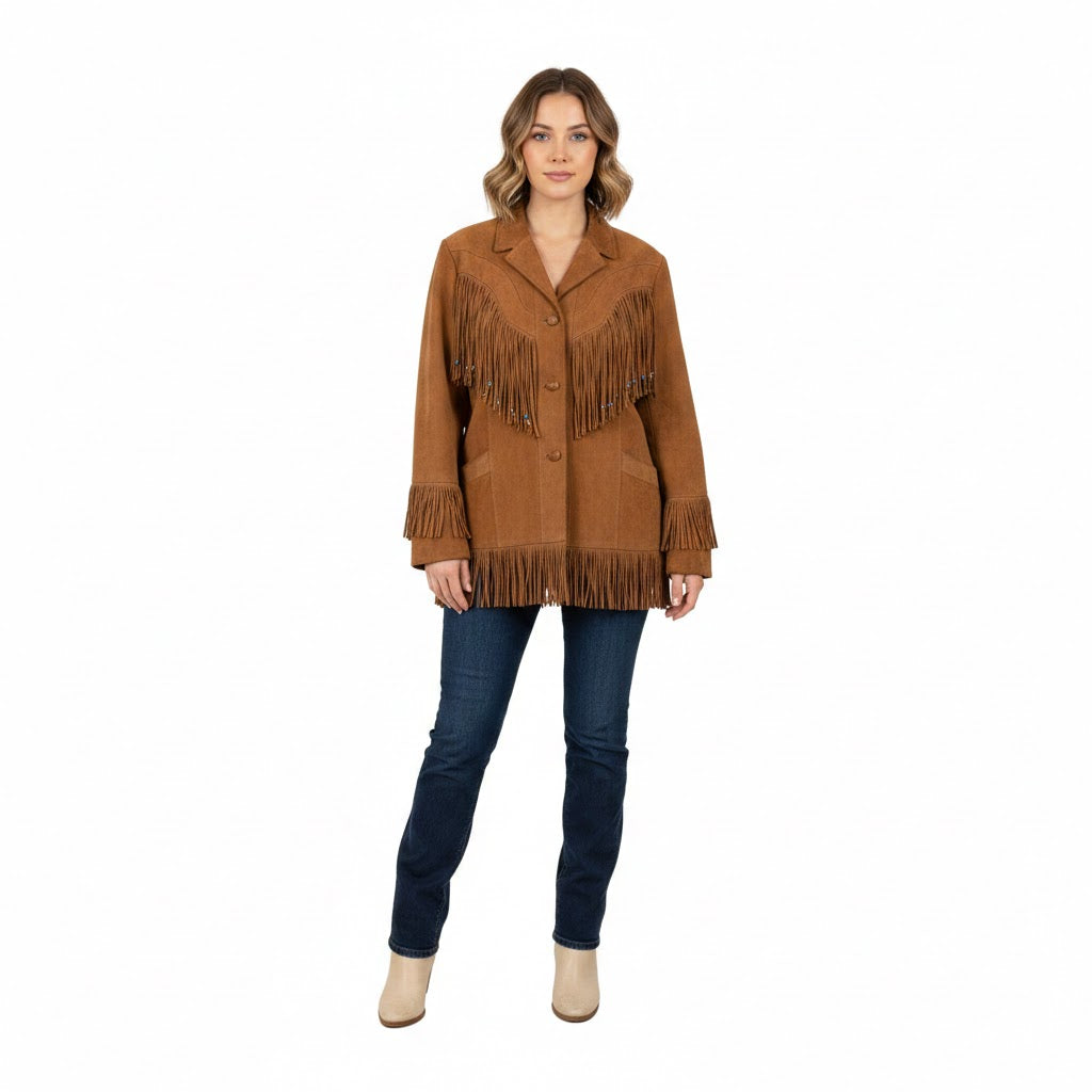 Woman wearing a brown fringed jacket and blue jeans on a white background