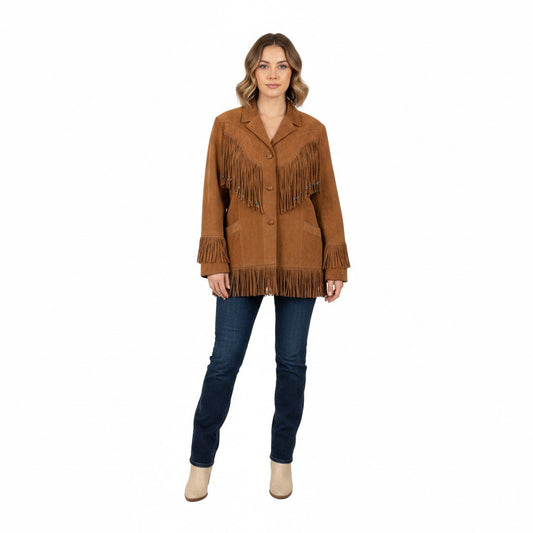 Woman wearing a brown fringed jacket and blue jeans on a white background