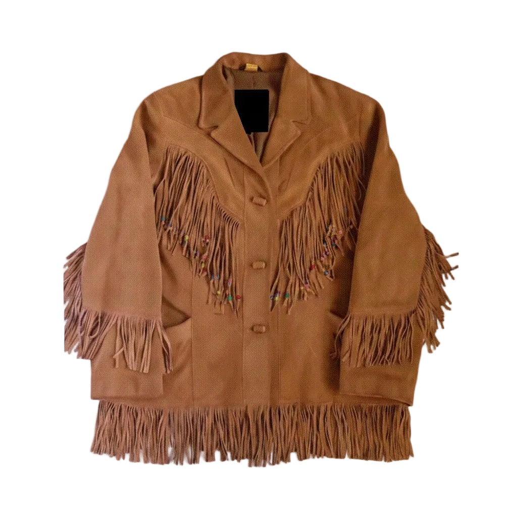 Brown suede jacket with fringes on a white background