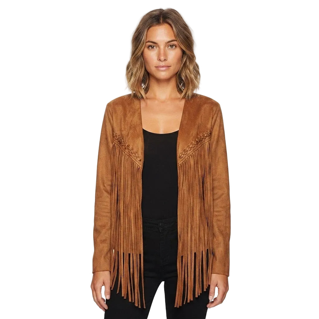 A woman modeling a Brown suede fringe jacket over a black top and black pants, photographed against a plain white studio background.