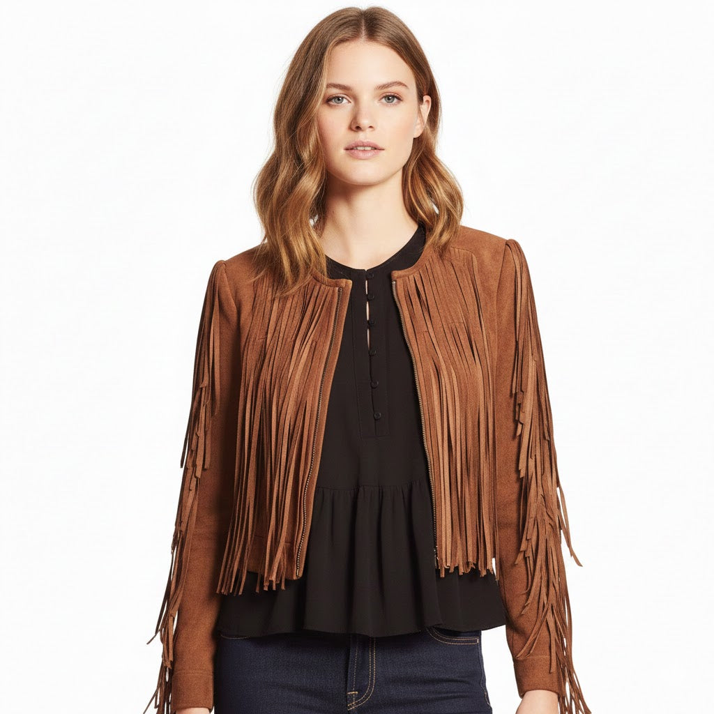 Brown leather fringe jacket wear a model on a white background