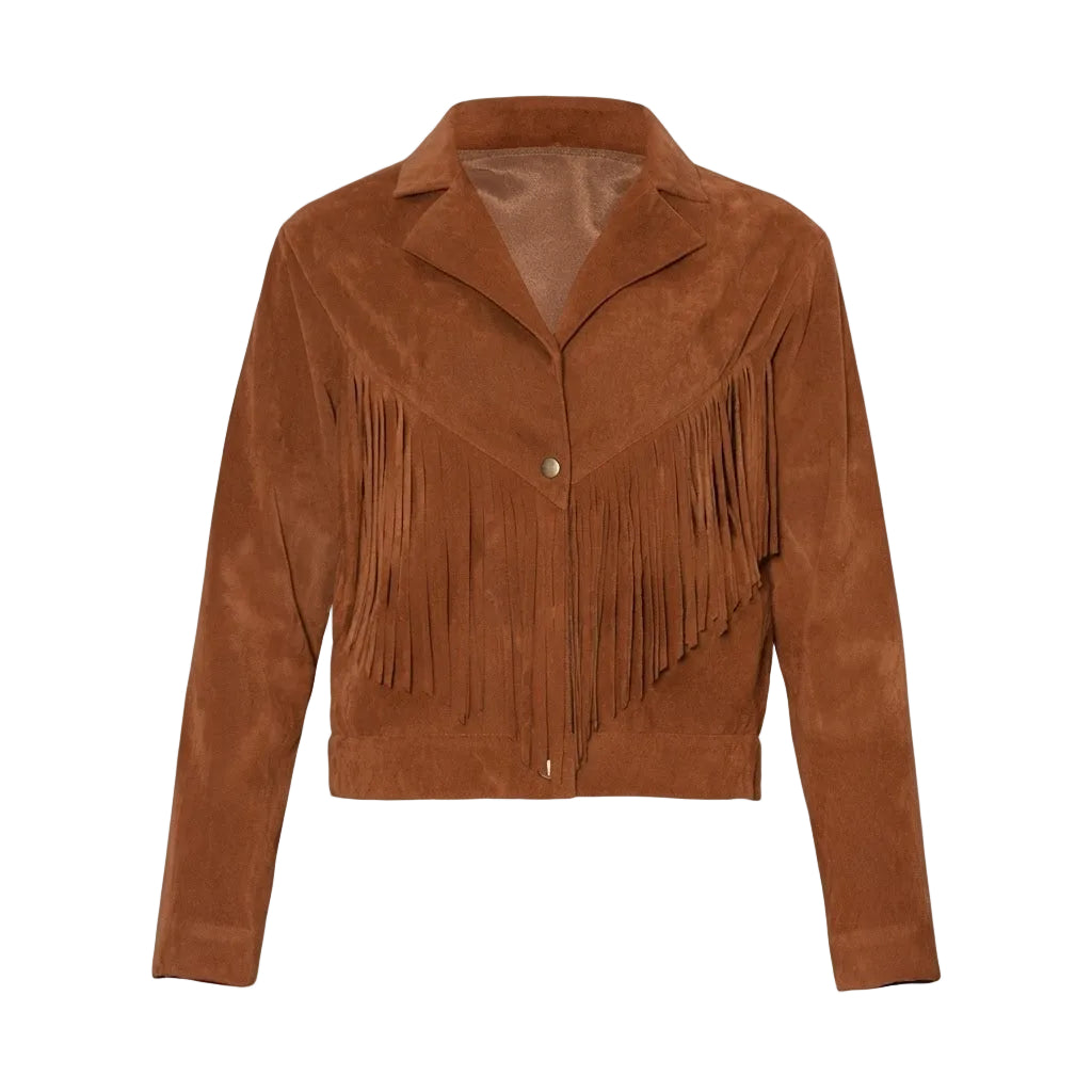 A brown suede fringe jacket with a notched lapel collar and a single button closure, displayed on a clean white background.