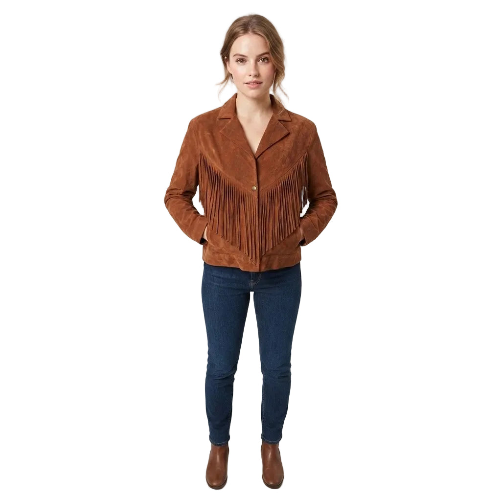 A woman modeling a brown suede fringe jacket, paired with dark blue skinny jeans and brown ankle boots, against a white background.