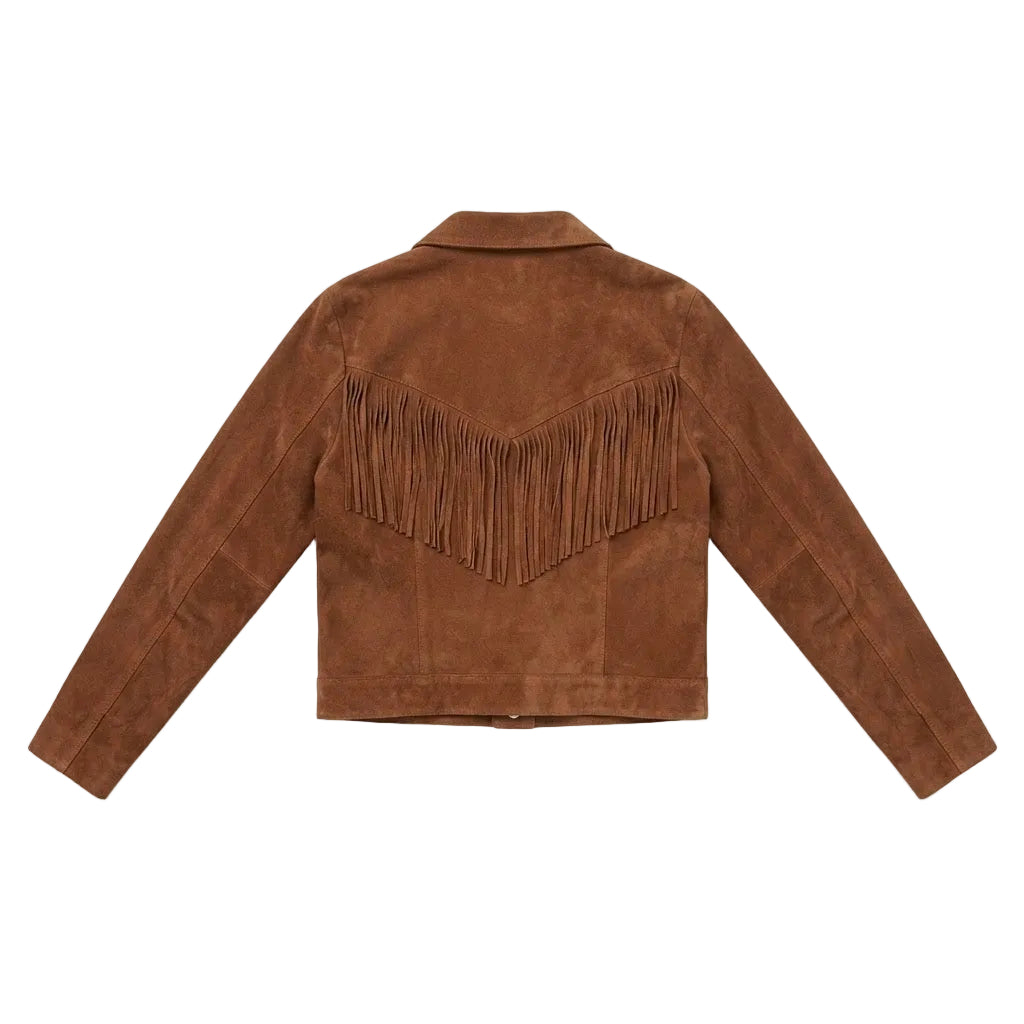 A brown suede fringe jacket shown from the back, featuring a collar and long sleeves, laid flat against a white background.