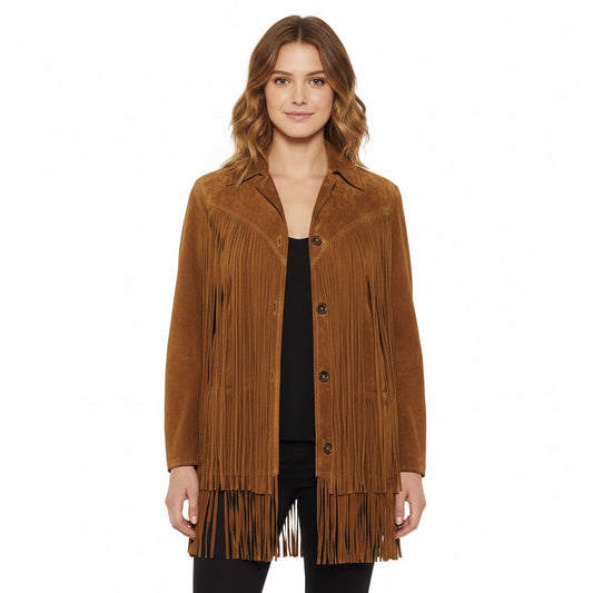 Brown leather fringe jacket wear a model on a white background
