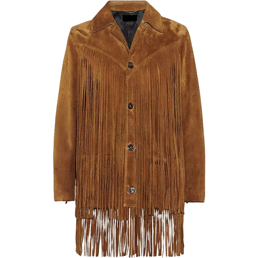 A brown suede fringe jacket with a pointed collar and front button closure, shown against a plain white background.