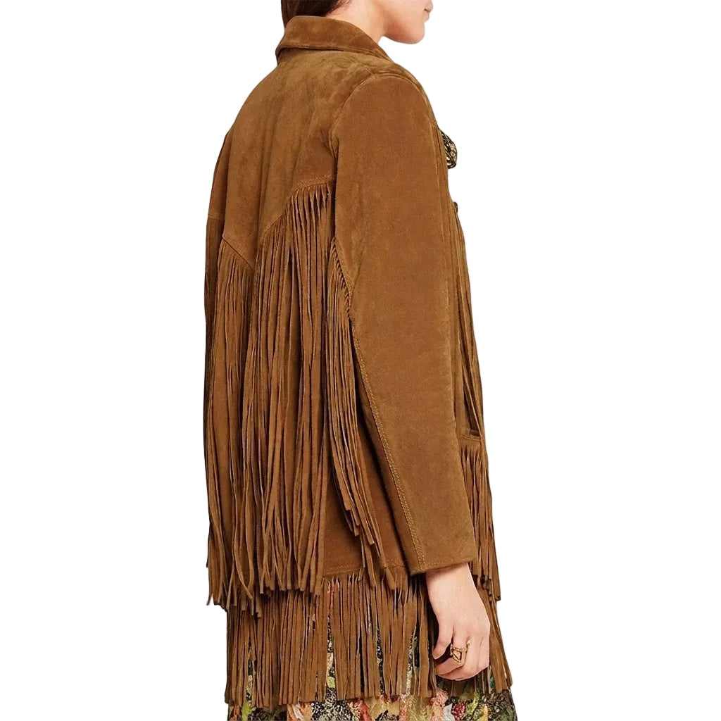 A model wearing a brown suede fringe jacket, showing the long hanging fringe details and collar, against a plain white background.
