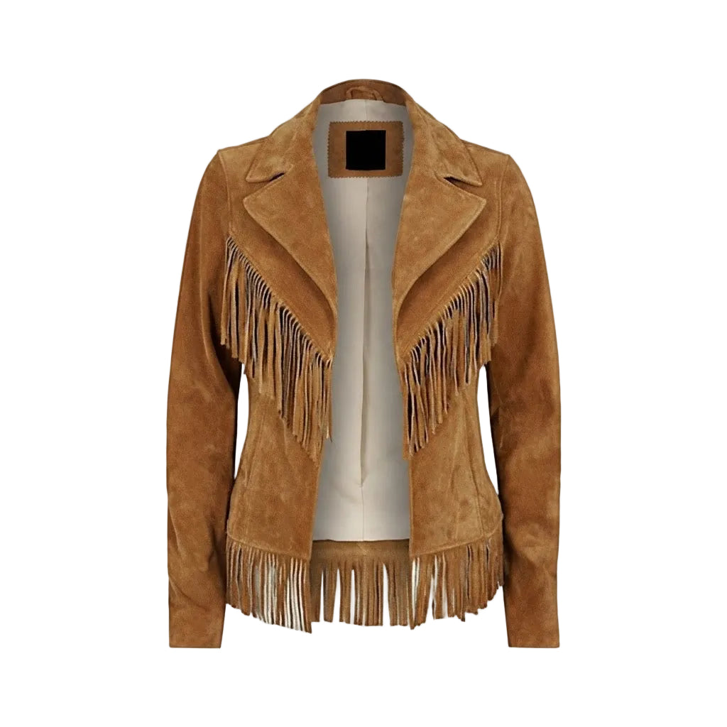 A brown suede fringe jacket displayed on a cream-colored dress form against a plain white background.