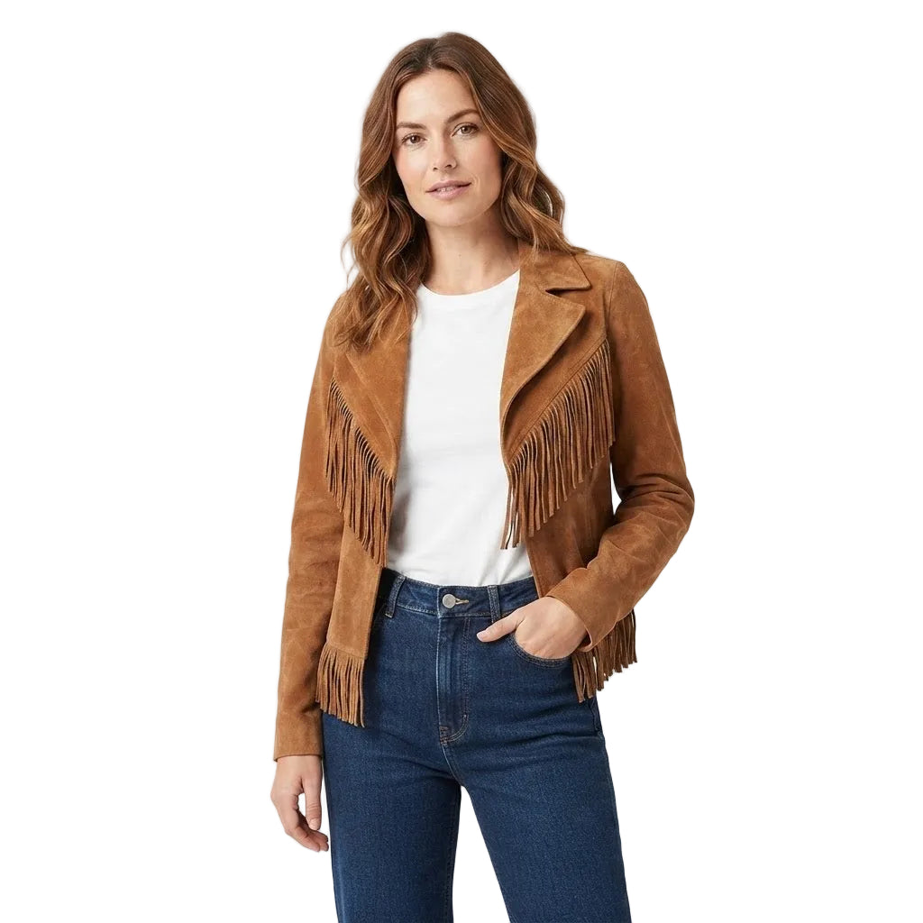 A woman modeling a brown suede fringe jacket over a white t-shirt and blue jeans, photographed against a clean white studio background.