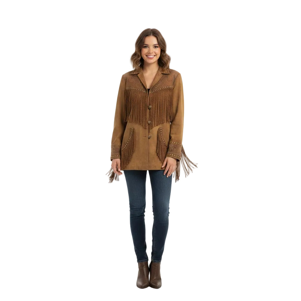 Woman wearing a brown fringed jacket on a white background