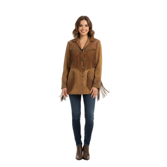 Woman wearing a brown fringed jacket on a white background