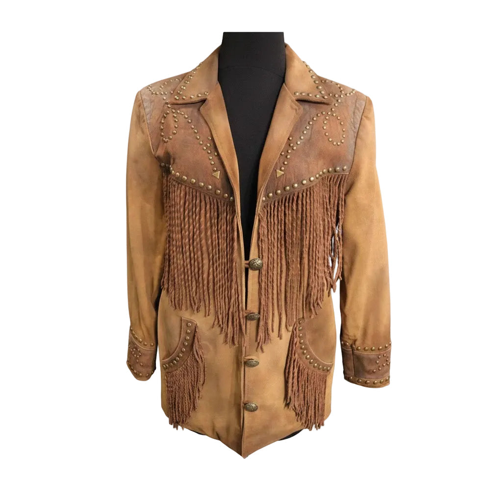 Brown leather jacket with fringes and studs on a mannequin against a white background