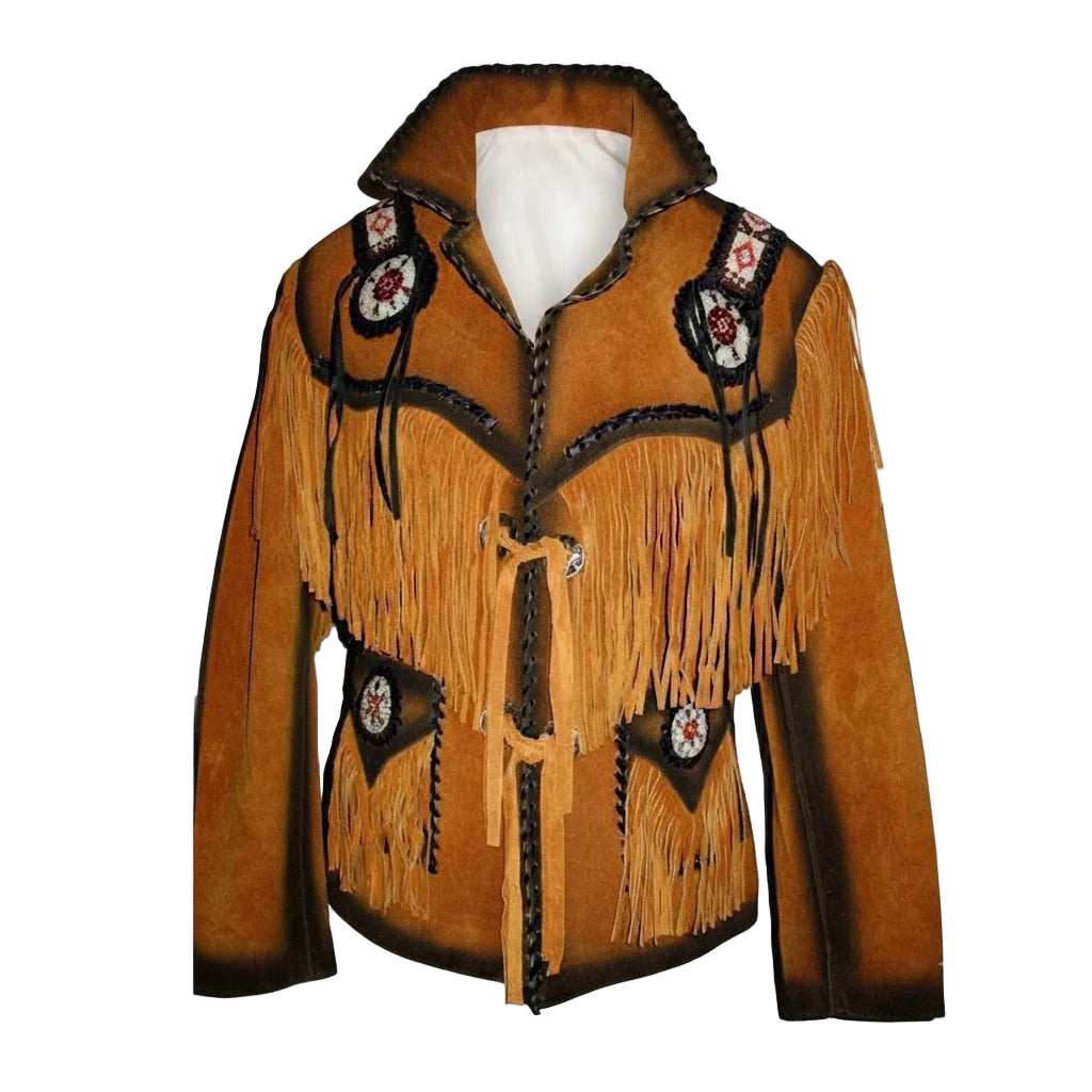 A brown suede fringed jacket with black trim, decorative beadwork, and a white lining visible at the collar, shown against a plain white background.