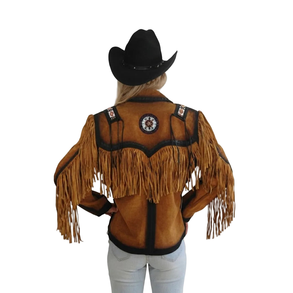 A woman viewed from behind wearing a brown suede fringe jacket with black trim, a black cowboy hat, and light blue jeans against a plain white background.