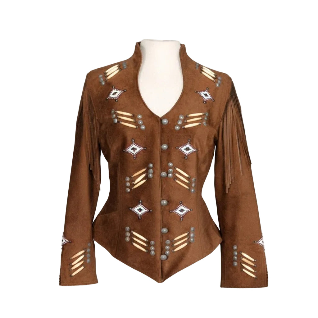 A brown suede western-style jacket with fringe, decorative geometric beadwork, and silver-toned buttons, displayed on a white mannequin torso against a white background.