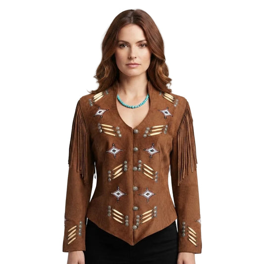 A woman wearing a brown suede western-style jacket with fringe, silver-toned buttons, and geometric beadwork, paired with a turquoise necklace and black pants, against a plain white background.