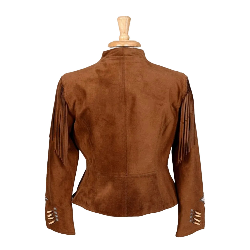A brown suede fringe jacket displayed on a wooden dress form mannequin against a plain white background.